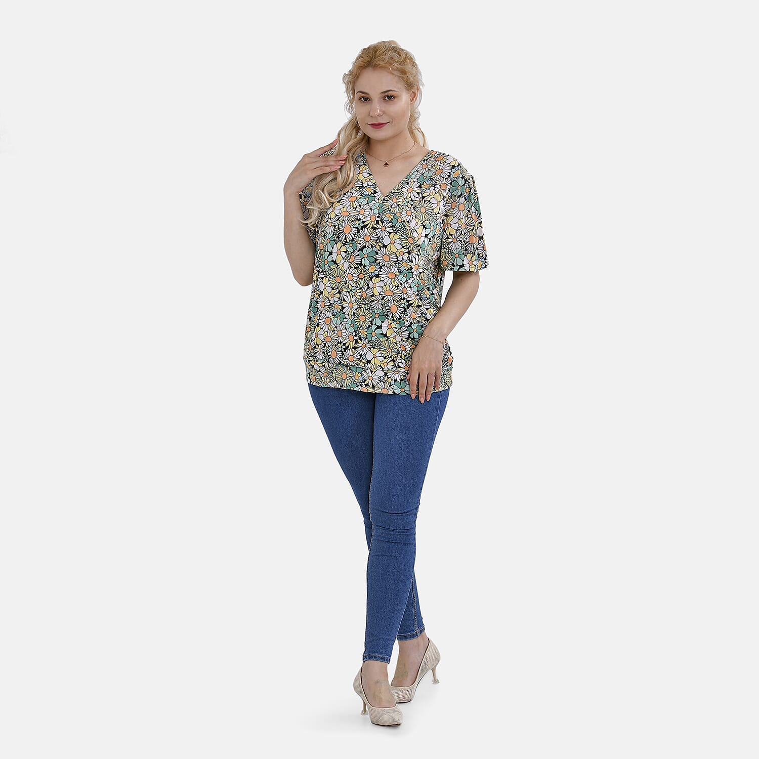 Tamsy Floral V-Neck Top (Curve Size) - Green & Multi