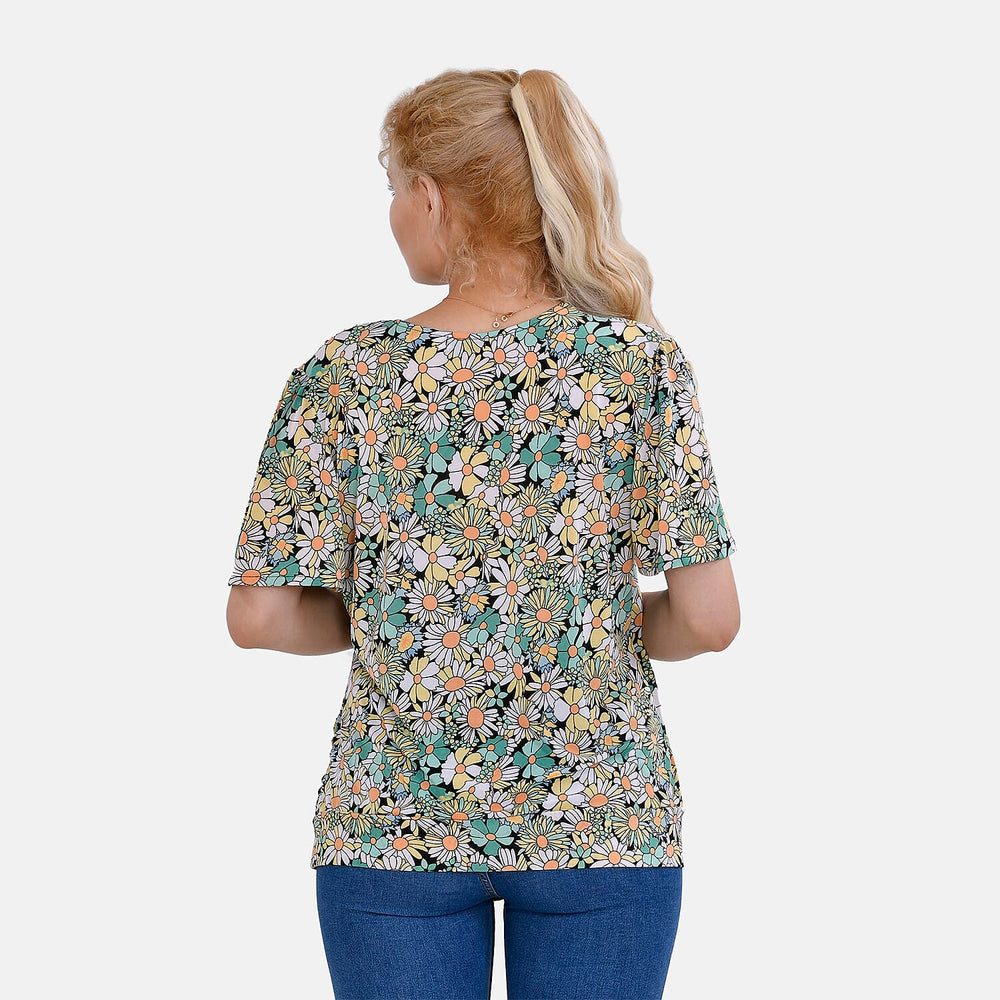 Tamsy Floral V-Neck Top (Curve Size) - Green & Multi