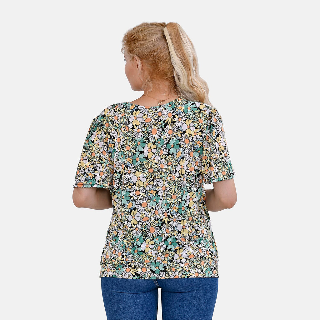 Tamsy Floral V-Neck Top (Curve Size) - Green & Multi