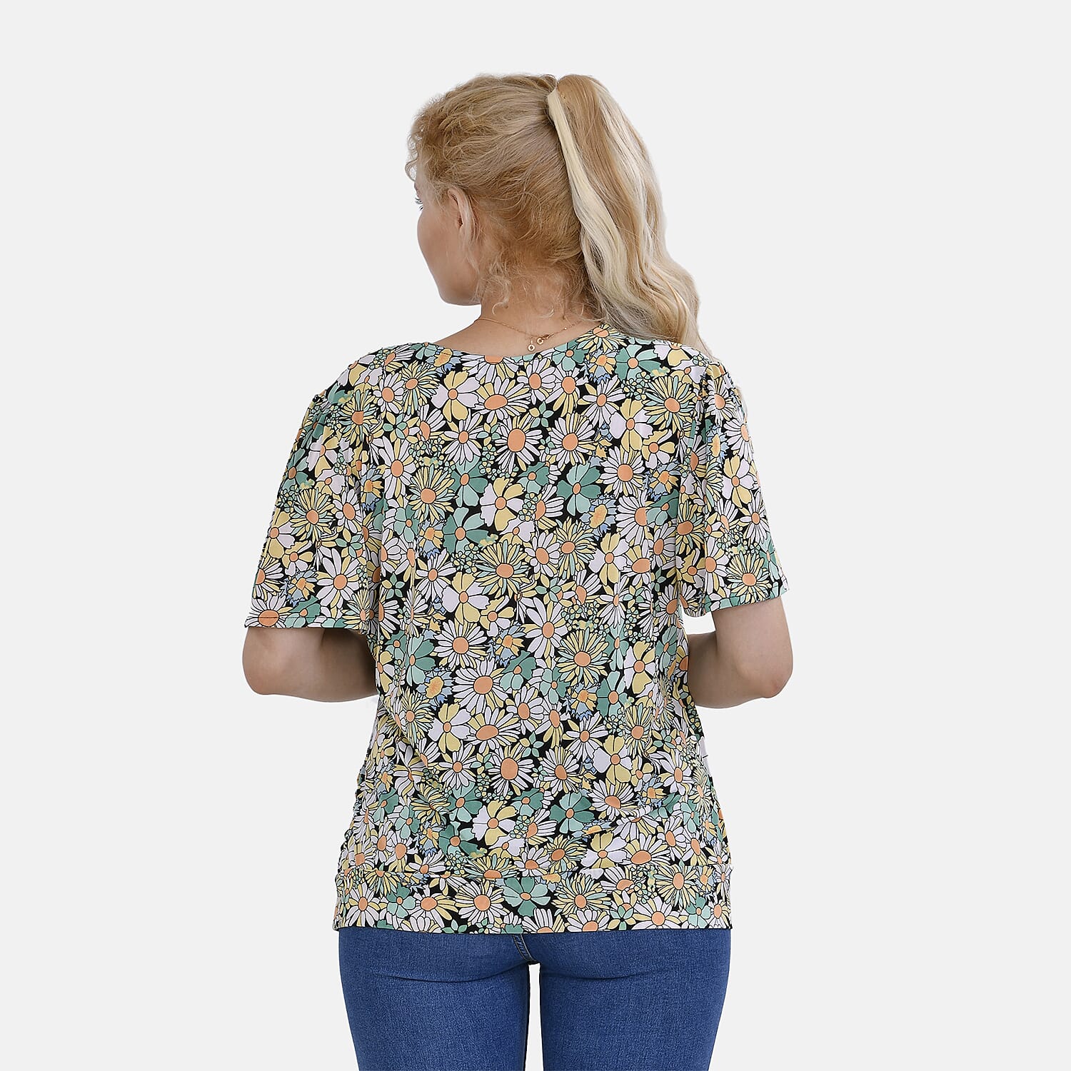 Tamsy Floral V-Neck Top (Curve Size) - Green & Multi