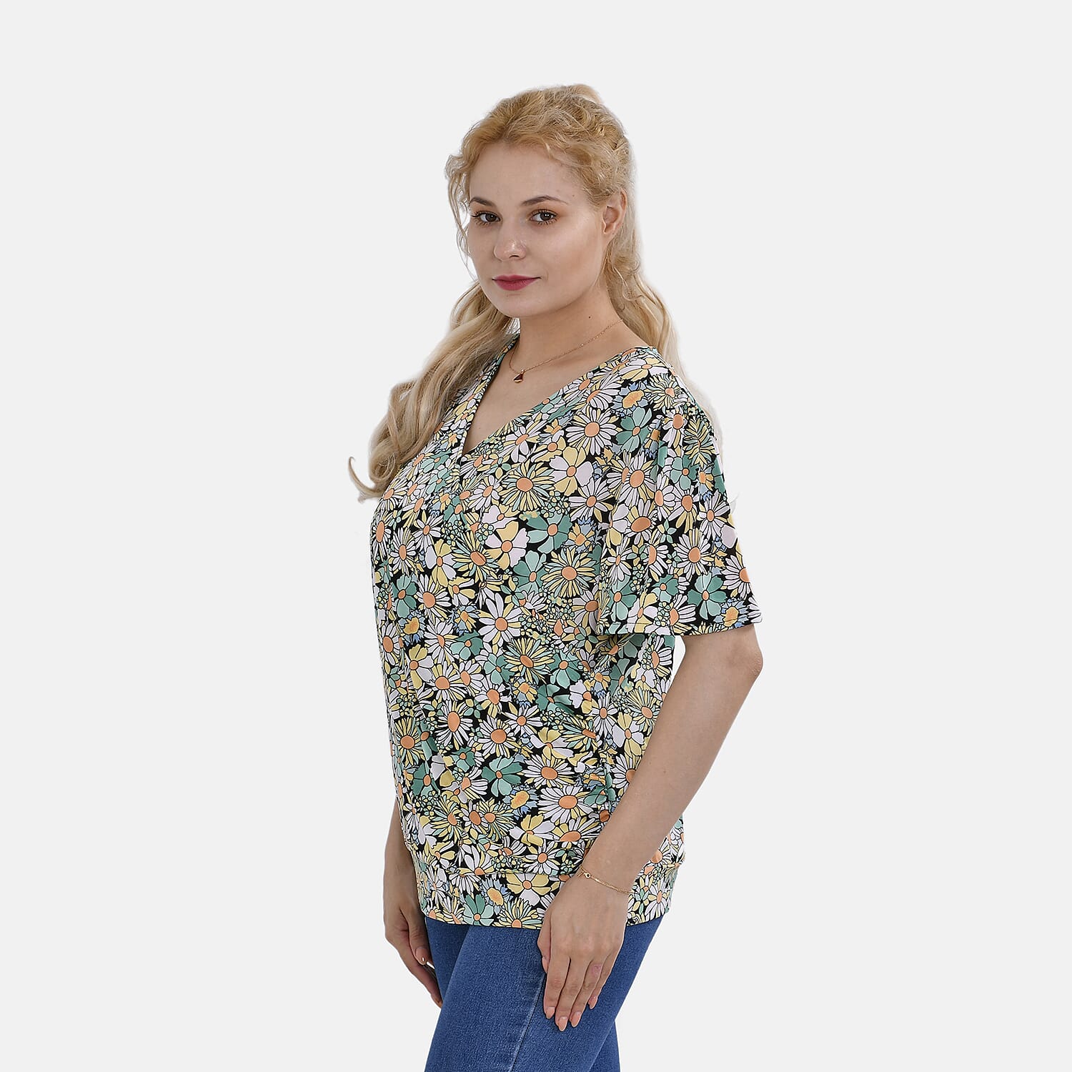 Tamsy Floral V-Neck Top (Curve Size) - Green & Multi