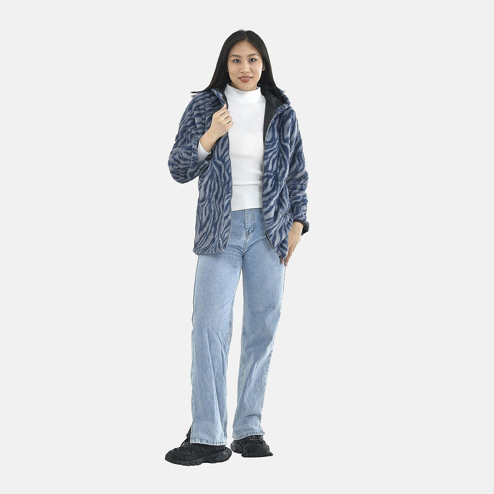 Tamsy Zebra Pattern Faux Fur Hoodie (Size L,16-18) - Grey & Blue