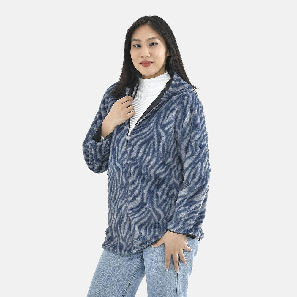 Tamsy Zebra Pattern Faux Fur Hoodie (Size L,16-18) - Grey & Blue