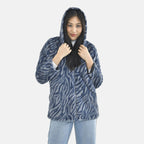 Tamsy Zebra Pattern Faux Fur Hoodie (Size L,16-18) - Grey & Blue