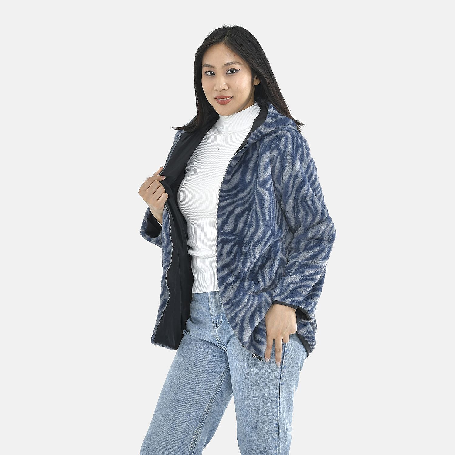 Tamsy Zebra Pattern Faux Fur Hoodie (Size XXL,24-26) - Grey - Blue