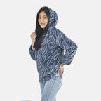 Tamsy Zebra Pattern Faux Fur Hoodie (Size XXL,24-26) - Grey - Blue