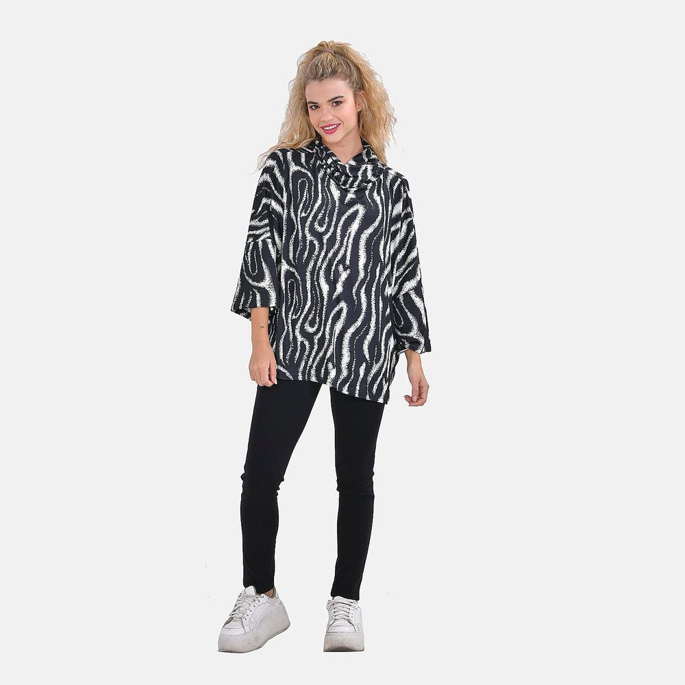 Zebra Print Stretchable Jersey Top with Stacked Collar (One Size 8-18) - Black & White