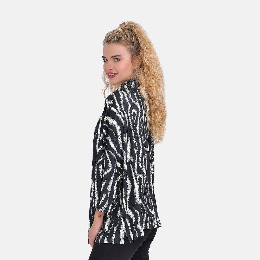 Zebra Print Stretchable Jersey Top with Stacked Collar (One Size 8-18) - Black & White