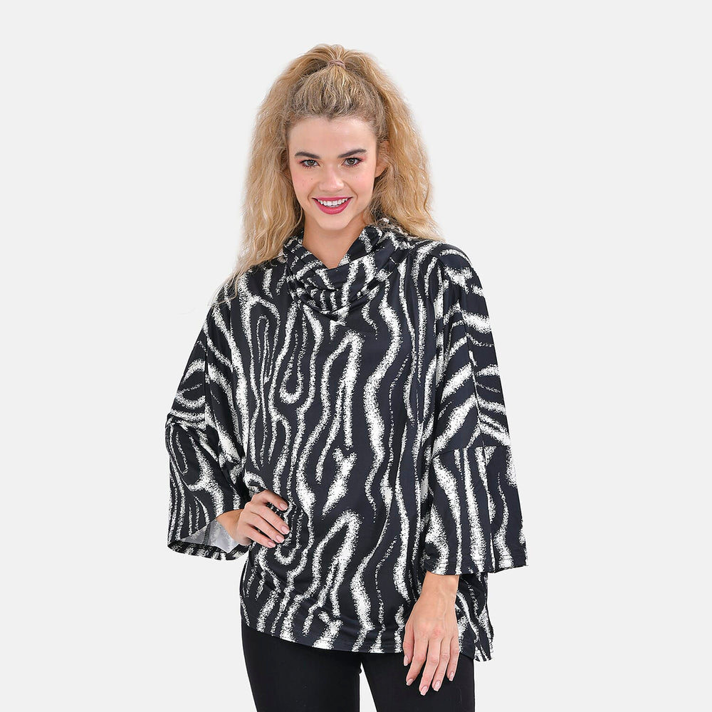Zebra Print Stretchable Jersey Top with Stacked Collar (One Size 8-18) - Black & White