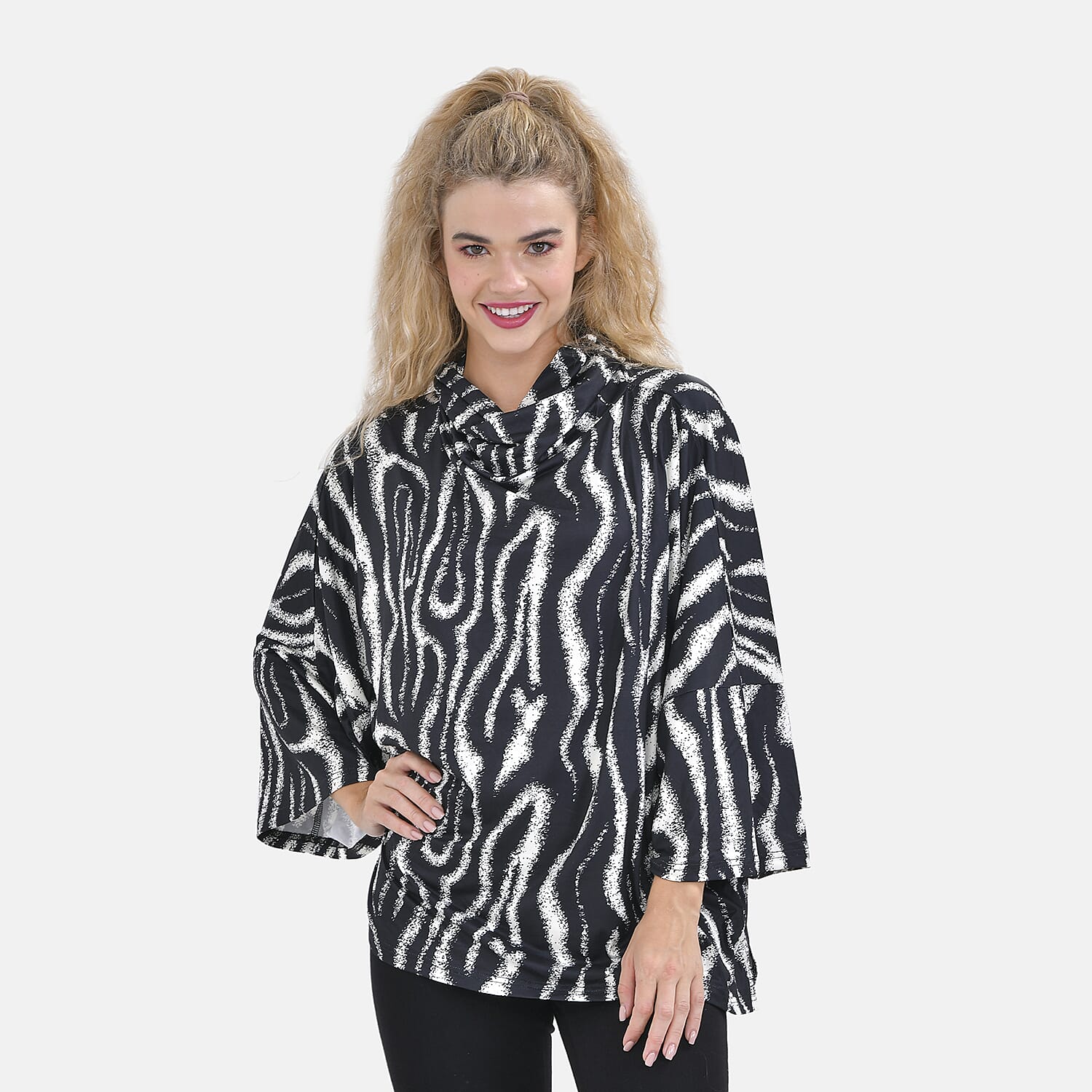 Zebra Print Stretchable Jersey Top with Stacked Collar (One Size 8-18) - Black & White