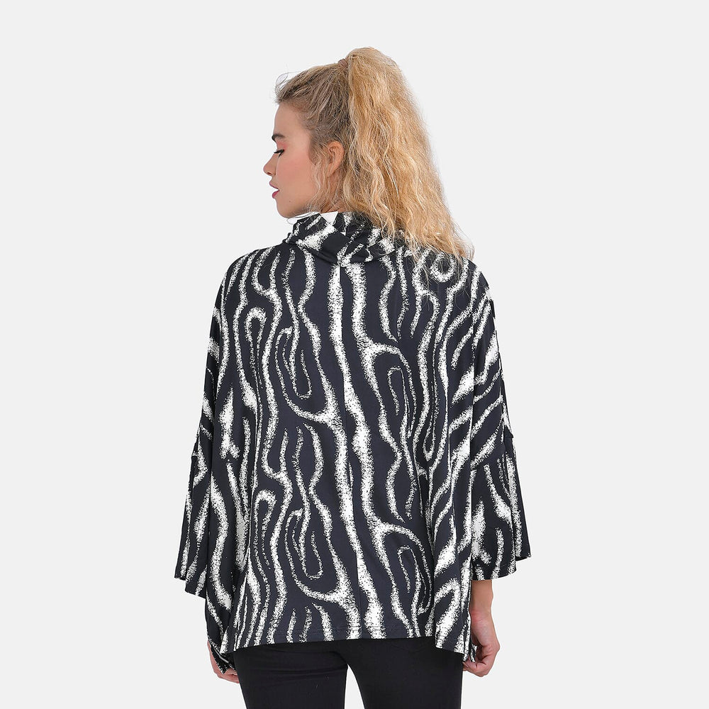 Zebra Print Stretchable Jersey Top with Stacked Collar (One Size Curve 20-26) - Black & White