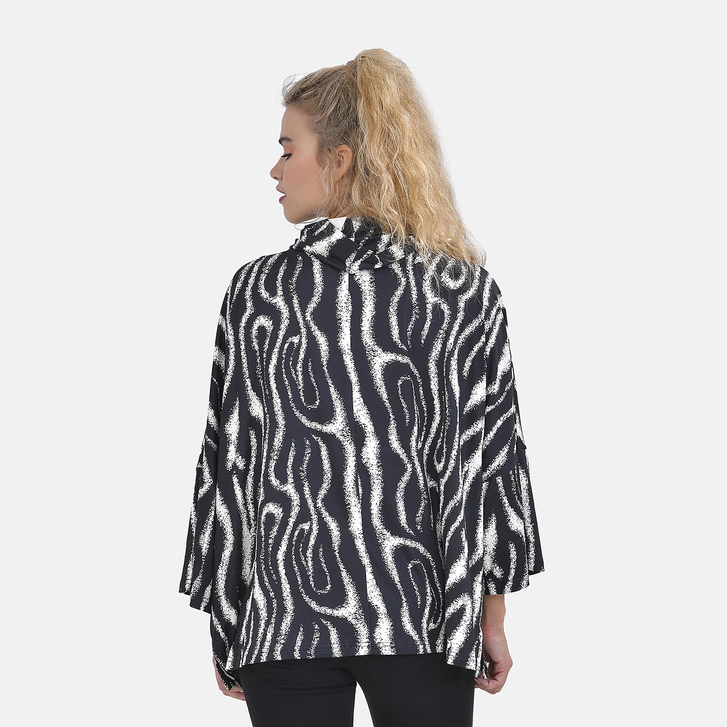 Zebra Print Stretchable Jersey Top with Stacked Collar (One Size Curve 20-26) - Black & White