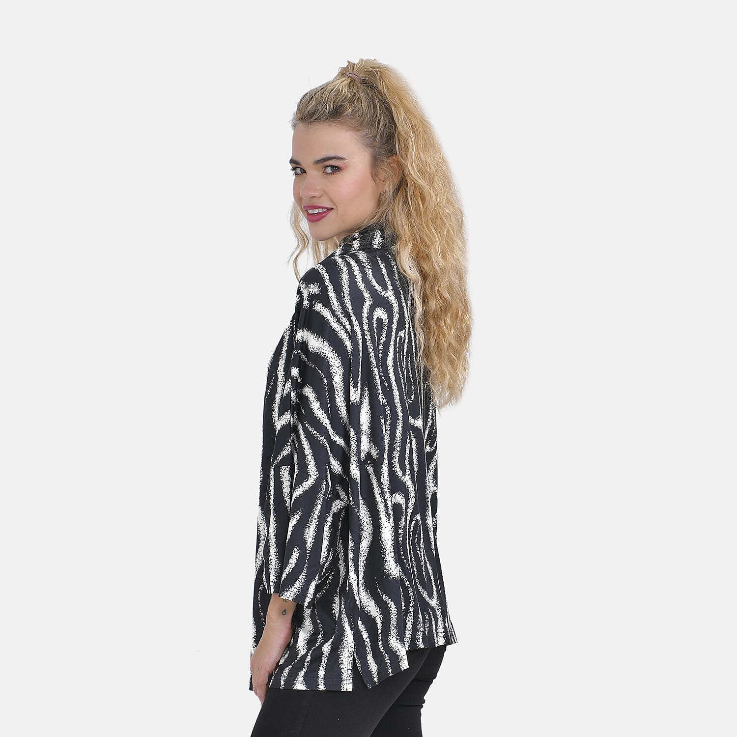 Zebra Print Stretchable Jersey Top with Stacked Collar (One Size Curve 20-26) - Black & White