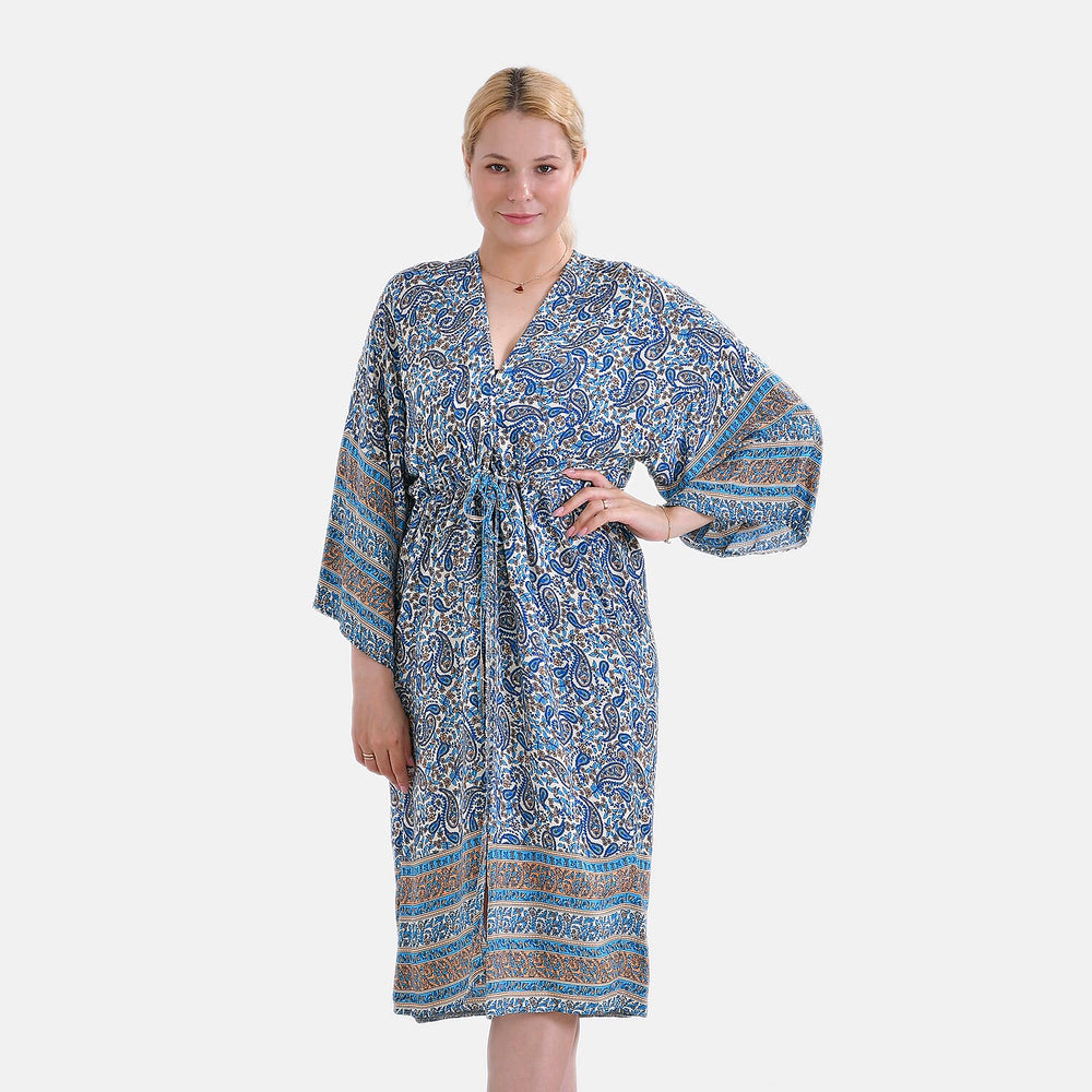 Viscose Wrap Style Exclusive Floral Print Wrapover (One Size) - Blue - White