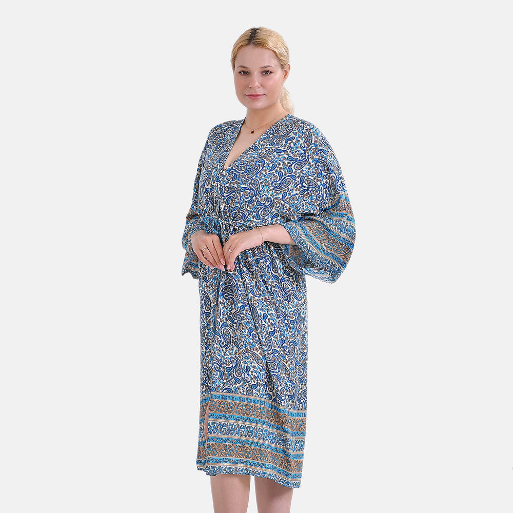 Viscose Wrap Style Exclusive Floral Print Wrapover (One Size) - Blue - White