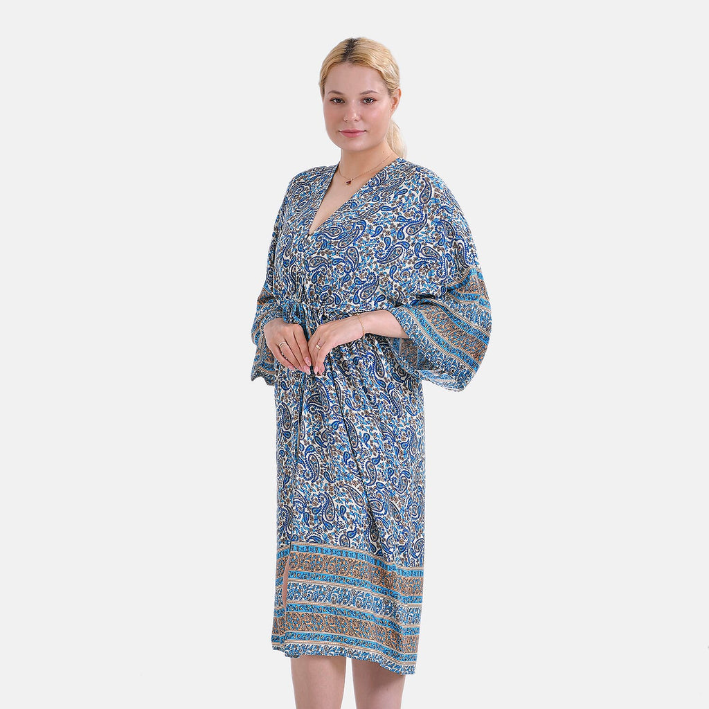 Viscose Wrap Style Exclusive Floral Print Wrapover (One Size) - Blue - White