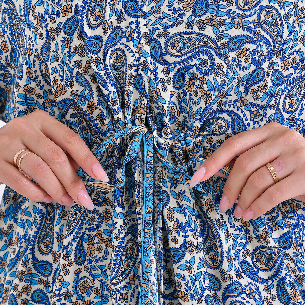 Viscose Wrap Style Exclusive Floral Print Wrapover (One Size) - Blue - White