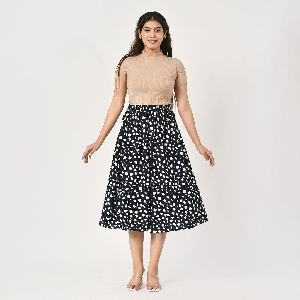 TAMSY 100% Viscose Dot Printed Skirt with Elastic Waist (Size M) - White - Black