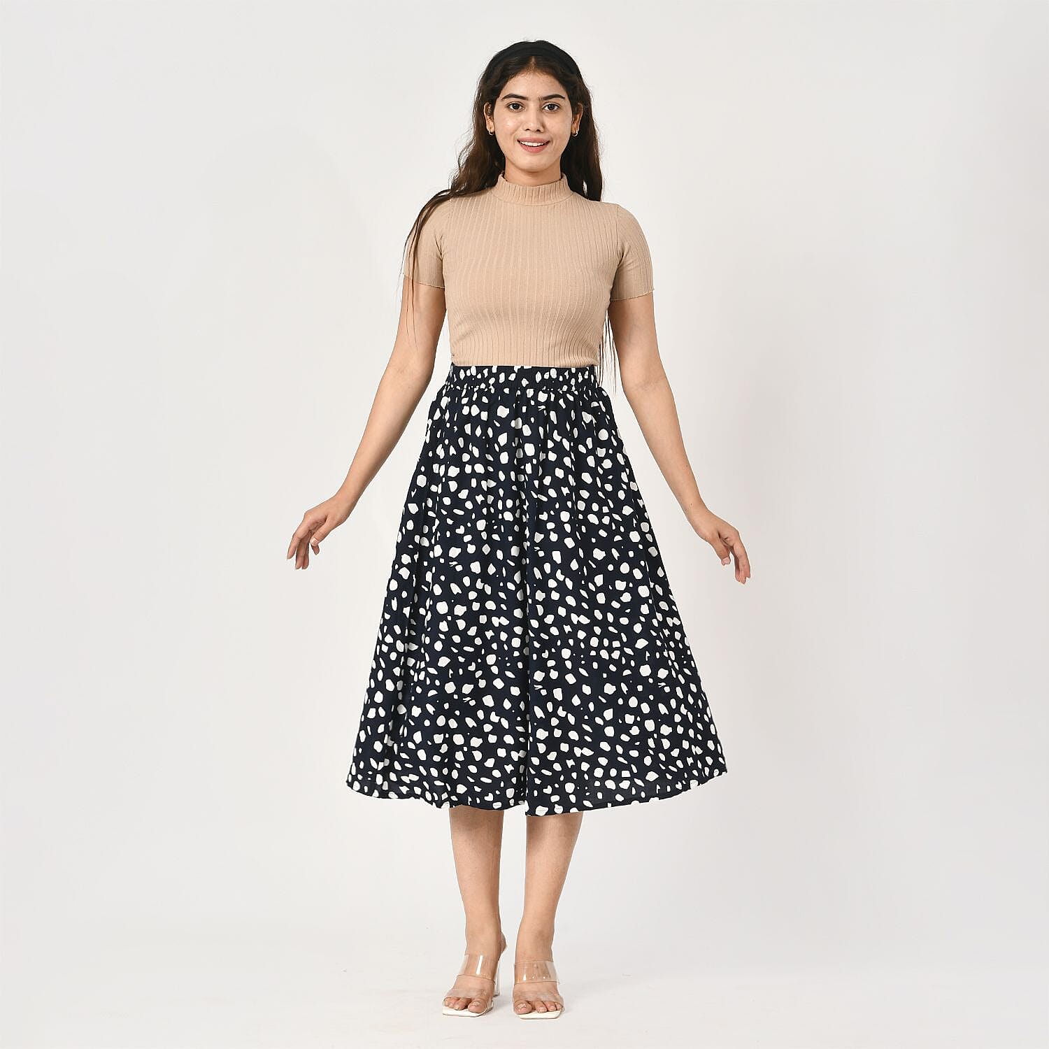 TAMSY 100% Viscose Dot Printed Skirt with Elastic Waist (Size M) - White - Black