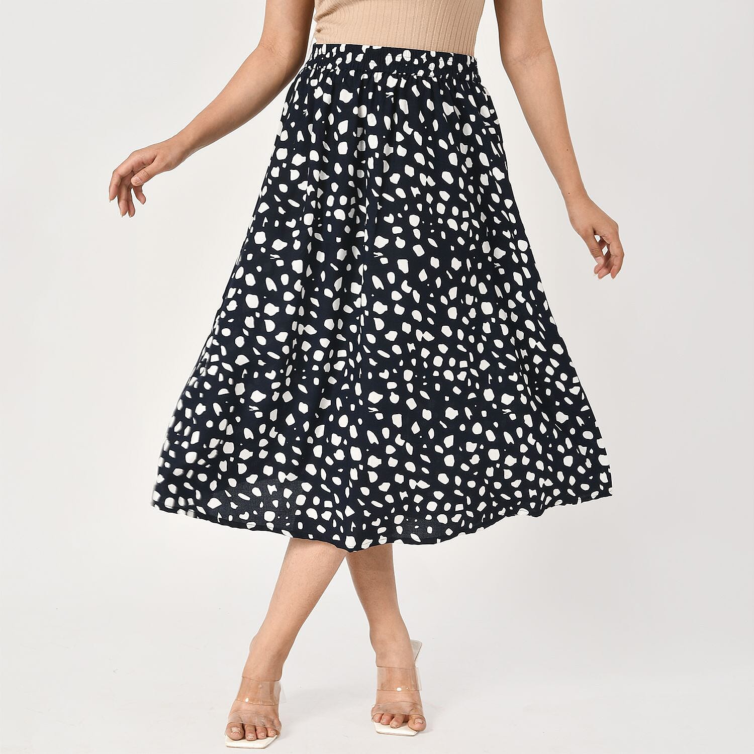 TAMSY 100% Viscose Dot Printed Skirt with Elastic Waist (Size M) - White - Black