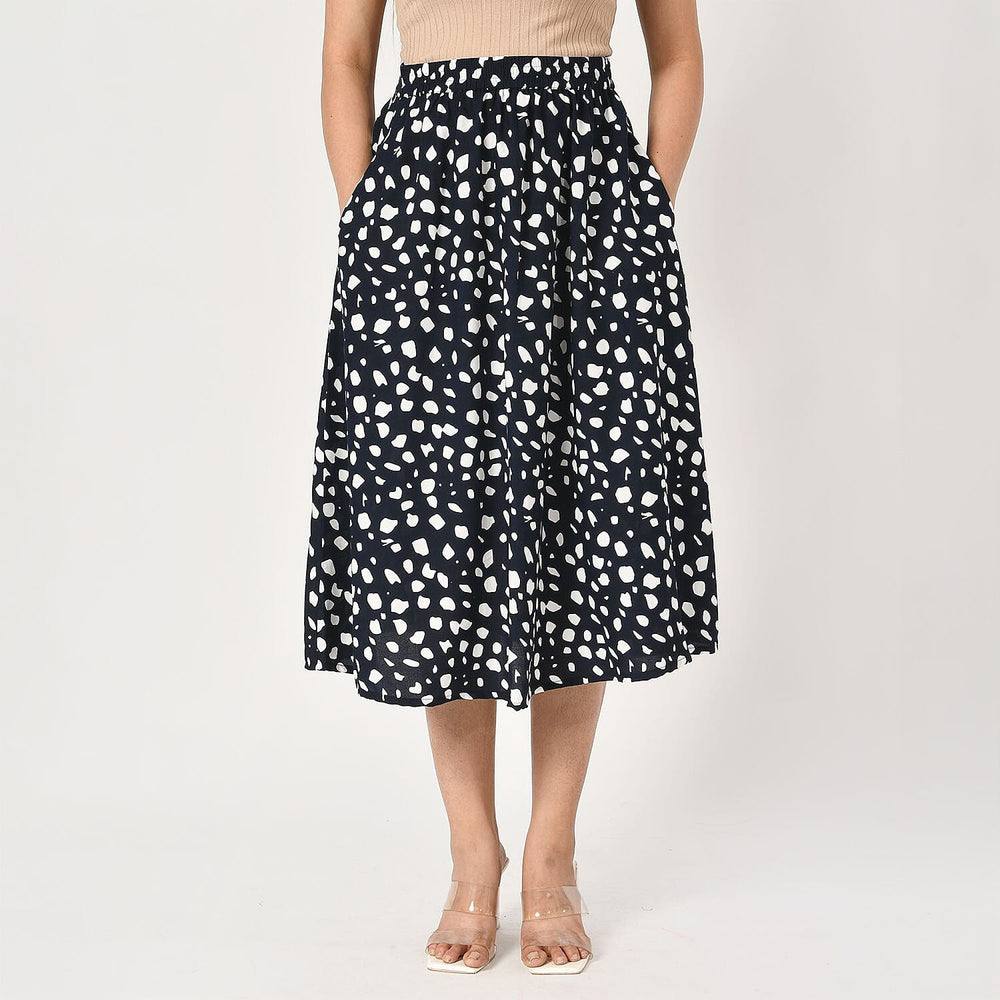 TAMSY 100% Viscose Dot Printed Skirt with Elastic Waist (Size M) - White - Black