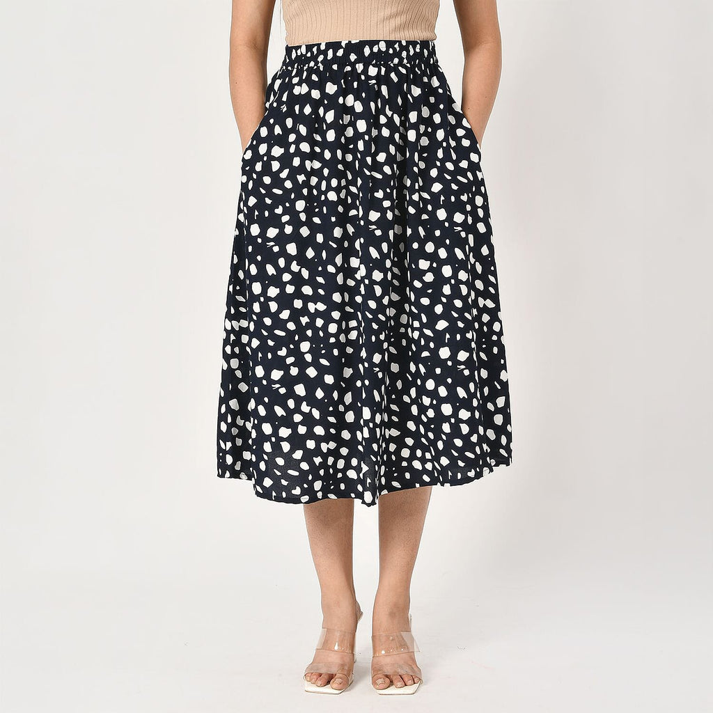 TAMSY 100% Viscose Dot Printed Skirt with Elastic Waist (Size M) - White - Black