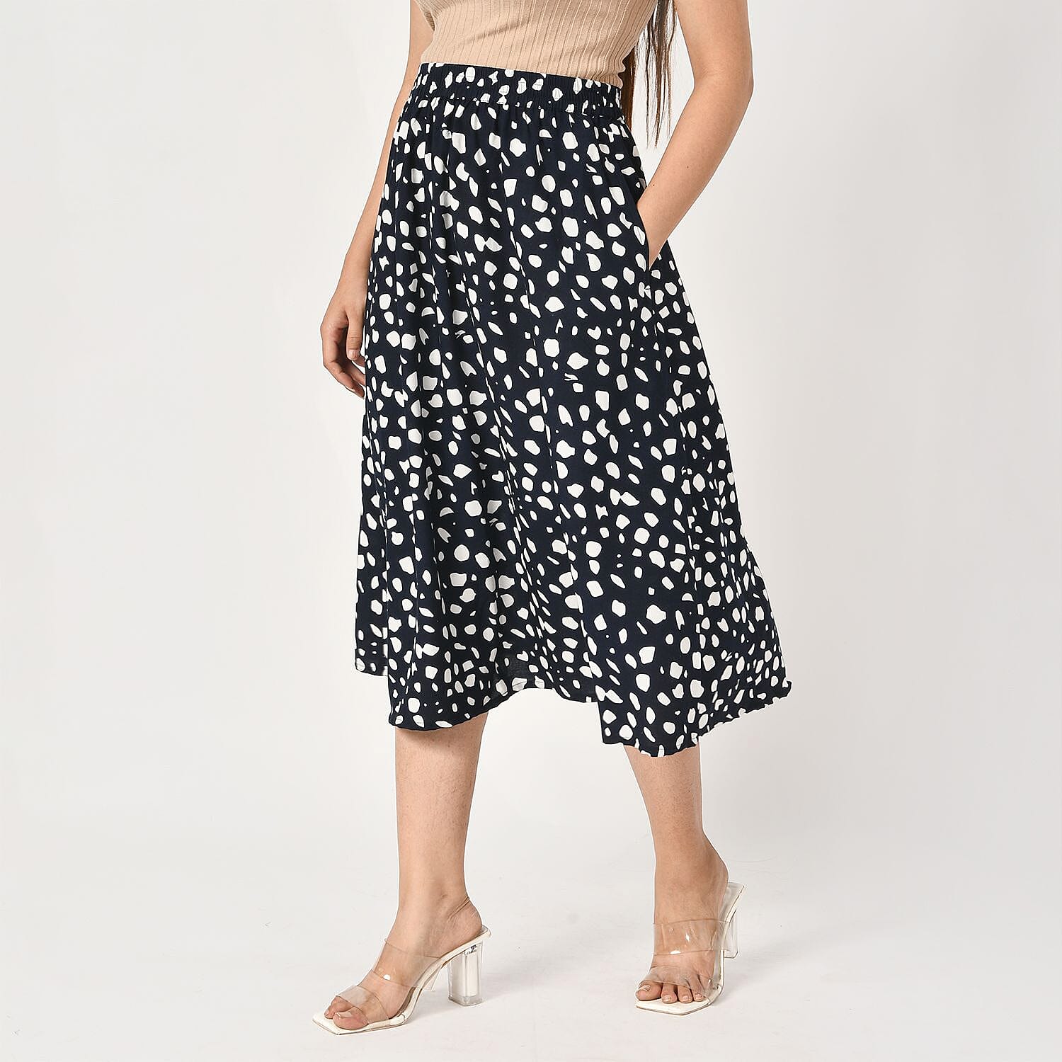 TAMSY 100% Viscose Dot Printed Skirt with Elastic Waist (Size M) - White - Black