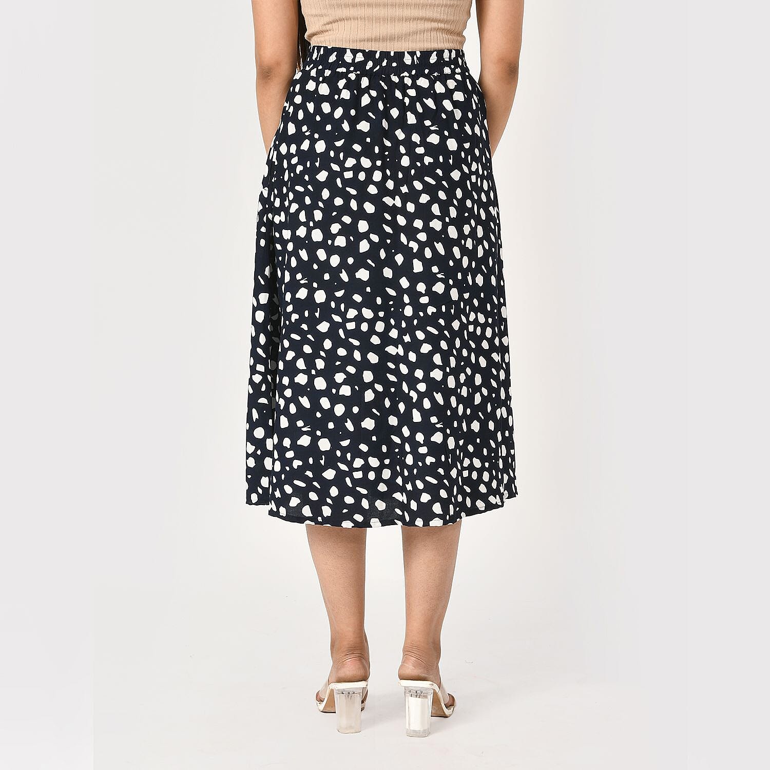 TAMSY 100% Viscose Dot Printed Skirt with Elastic Waist (Size M) - White - Black