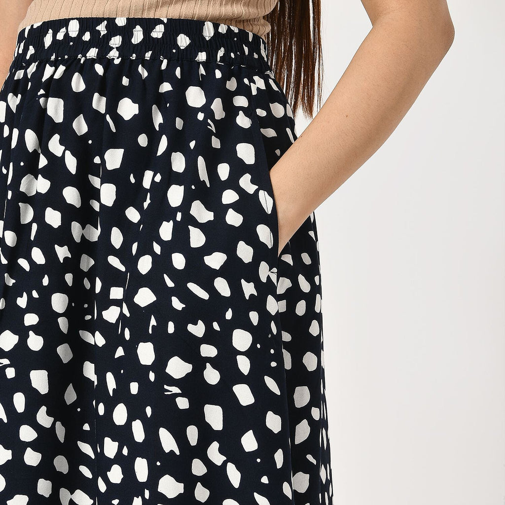 TAMSY 100% Viscose Dot Printed Skirt with Elastic Waist (Size M) - White - Black