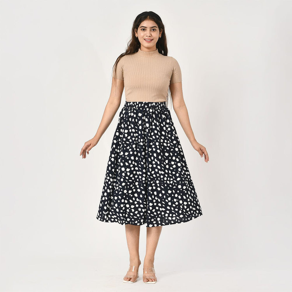TAMSY 100% Viscose Dot Printed Skirt with Elastic Waist (Size XL) -  White - Black