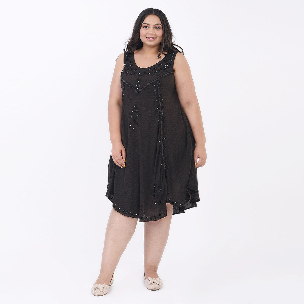 100% Viscose Sequin Embroidered Umbrella Dress with Pockets (One Size, 8-18) - Dark Brown