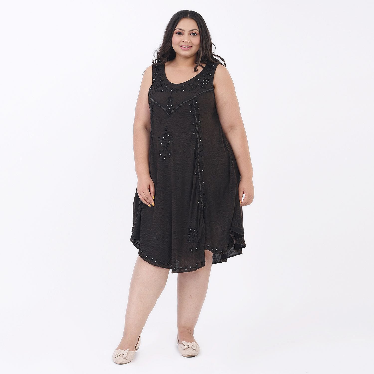 100% Viscose Sequin Embroidered Umbrella Dress with Pockets (One Size, 8-18) - Dark Brown