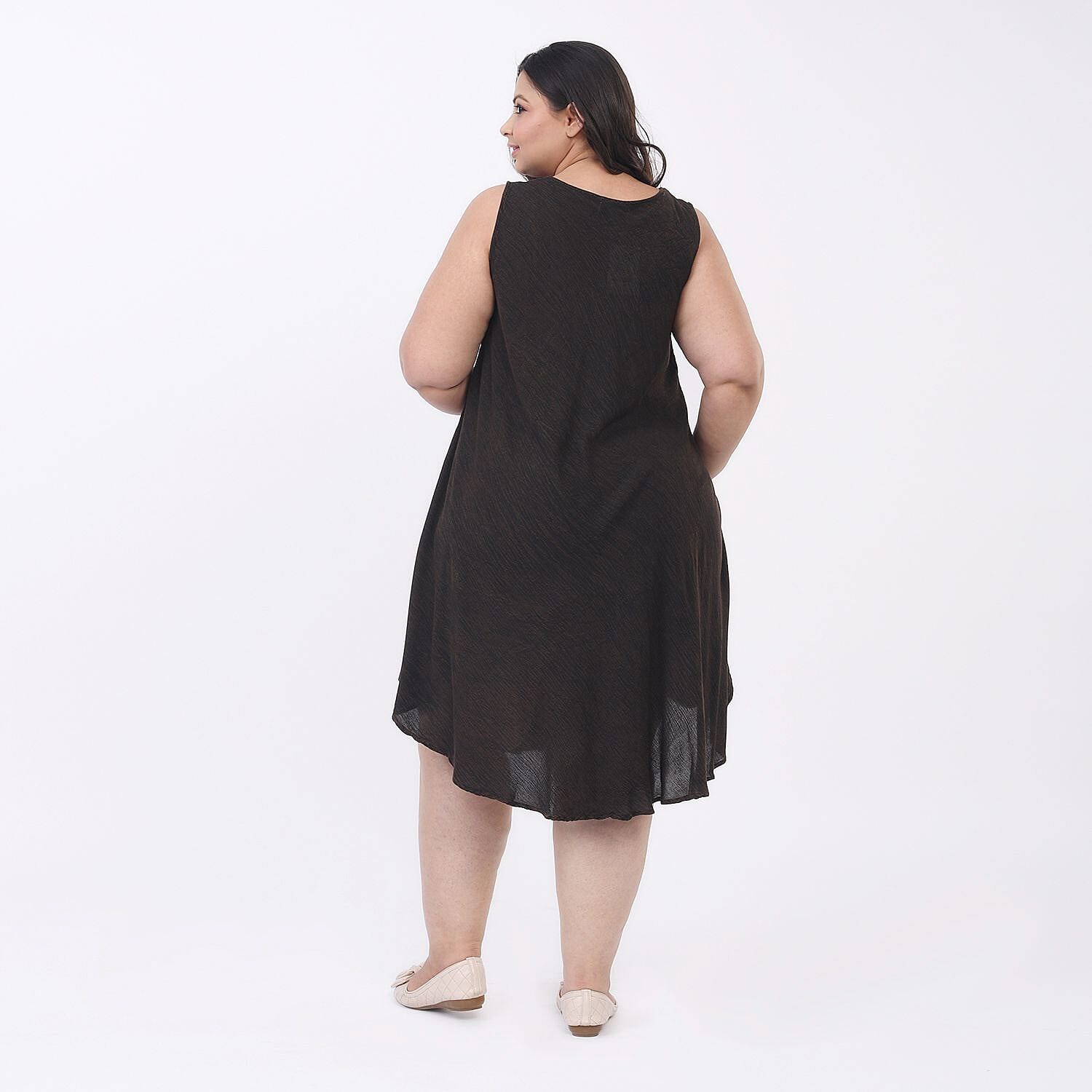 100% Viscose Sequin Embroidered Umbrella Dress with Pockets (One Size, 8-18) - Dark Brown