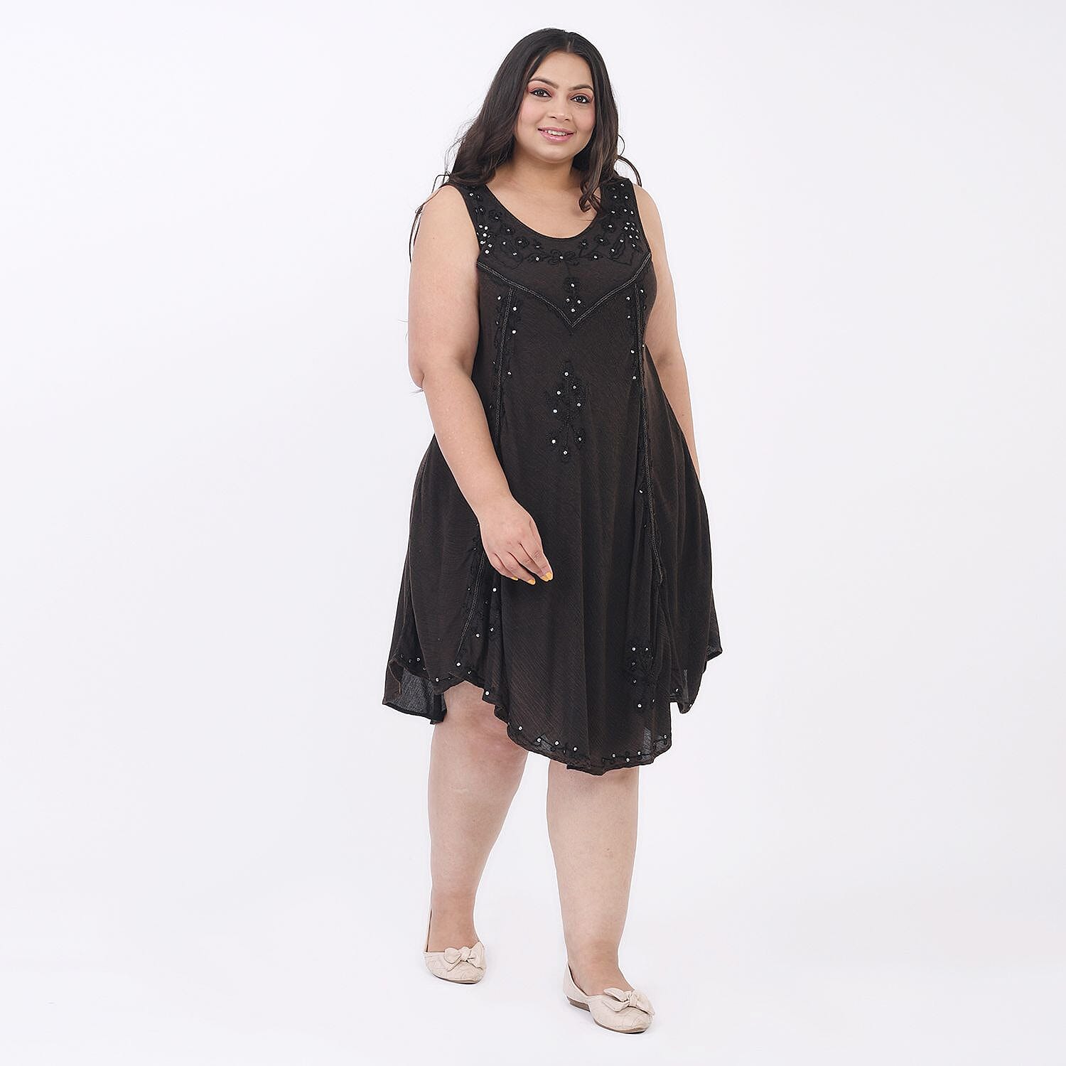 100% Viscose Sequin Embroidered Umbrella Dress with Pockets (One Size, 8-18) - Dark Brown