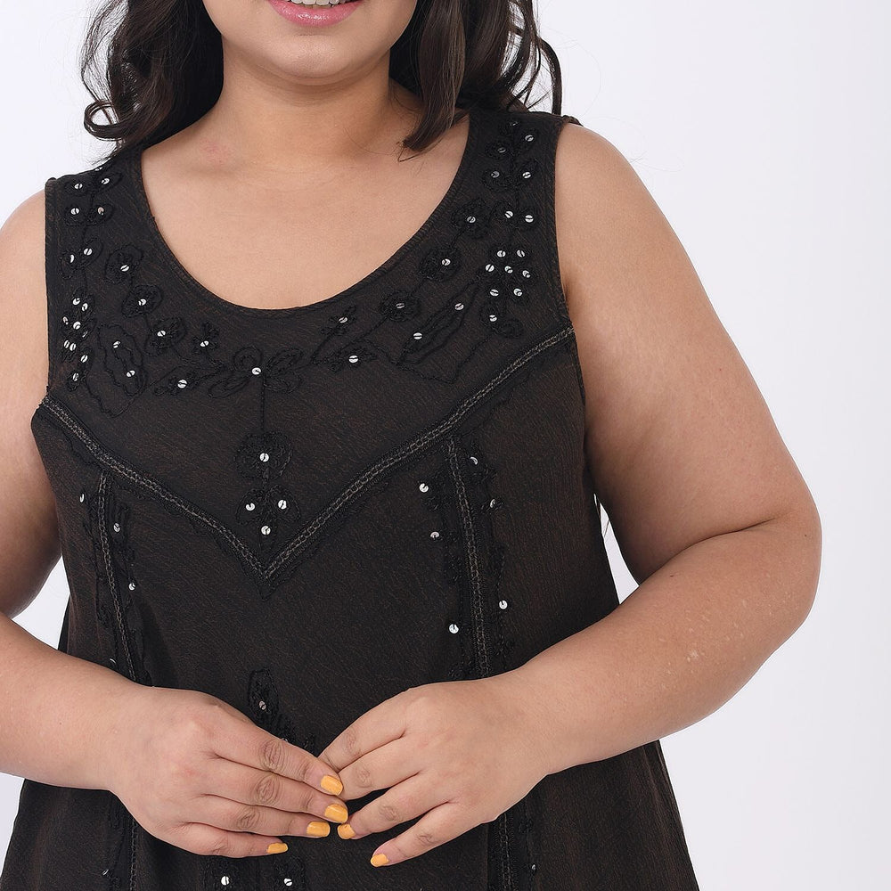 100% Viscose Sequin Embroidered Umbrella Dress with Pockets (One Size, 8-18) - Dark Brown