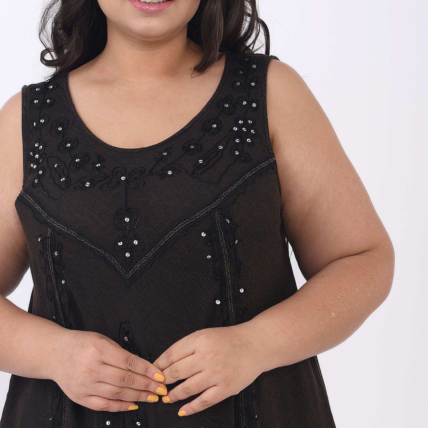 100% Viscose Sequin Embroidered Umbrella Dress with Pockets (One Size, 8-18) - Dark Brown