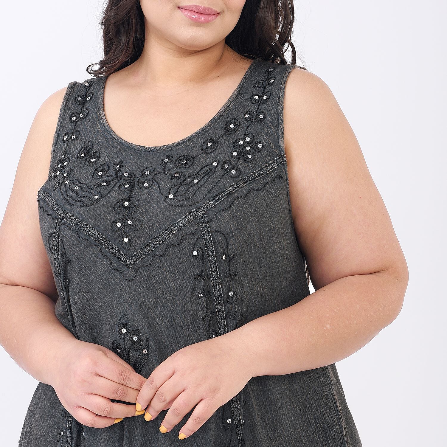 Summer Closeout - Tamsy 100% Viscose Sequin Floral Embroidery Umbrella Dress (One Size 8-18) - Charcoal
