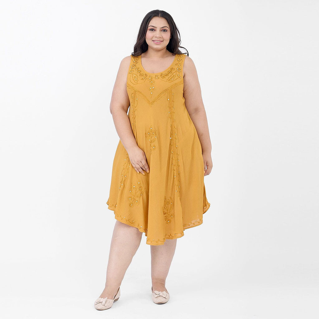 100% Viscose Sequin Embroidered Umbrella Dress with Pockets (One Size, 8-18) - Gold