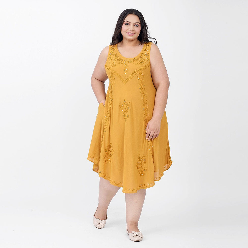 100% Viscose Sequin Embroidered Umbrella Dress with Pockets (One Size, 8-18) - Gold