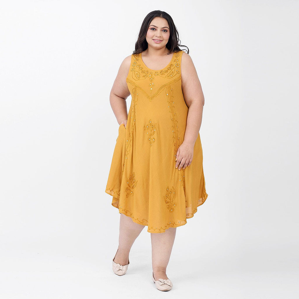 100% Viscose Sequin Embroidered Umbrella Dress with Pockets (One Size, 8-18) - Gold