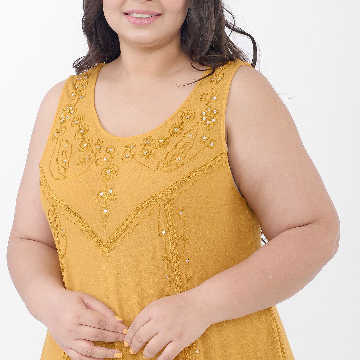 100% Viscose Sequin Embroidered Umbrella Dress with Pockets (One Size, 8-18) - Gold