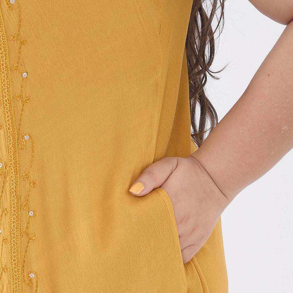 100% Viscose Sequin Embroidered Umbrella Dress with Pockets (One Size, 8-18) - Gold