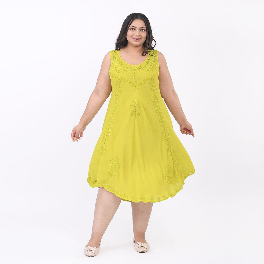Summer Closeout -TAMSY 100% Viscose Sequin Floral Embroidery Umbrella Dress - (One Size 8-18) - Lime