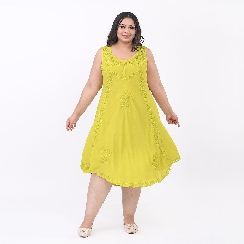 Summer Closeout -TAMSY 100% Viscose Sequin Floral Embroidery Umbrella Dress - (One Size 8-18) - Lime