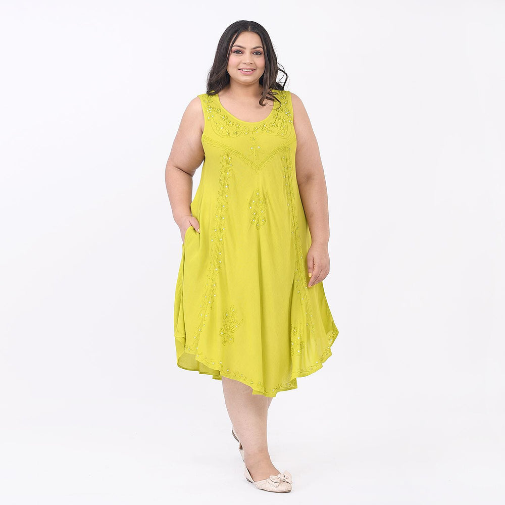 Summer Closeout -TAMSY 100% Viscose Sequin Floral Embroidery Umbrella Dress - (One Size 8-18) - Lime