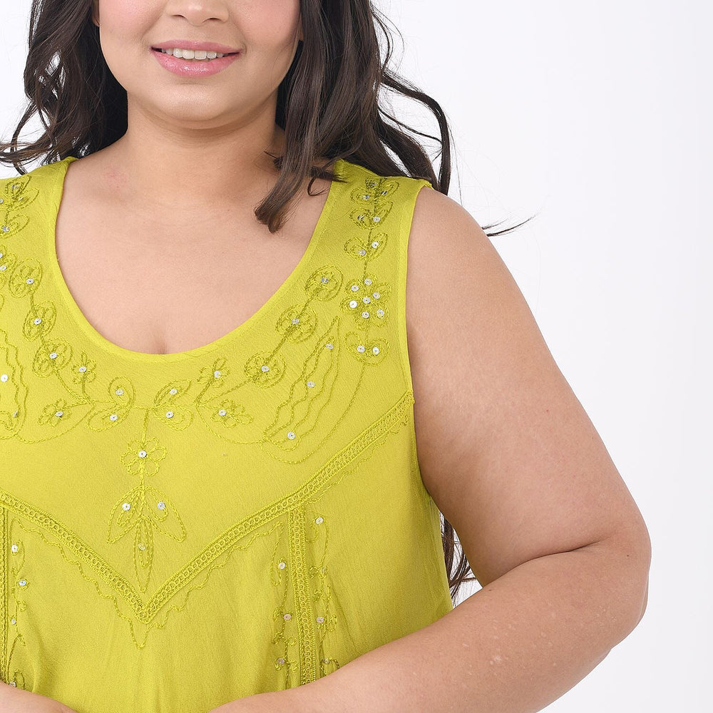 Summer Closeout -TAMSY 100% Viscose Sequin Floral Embroidery Umbrella Dress - (One Size 8-18) - Lime
