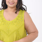 Summer Closeout -TAMSY 100% Viscose Sequin Floral Embroidery Umbrella Dress - (One Size 8-18) - Lime