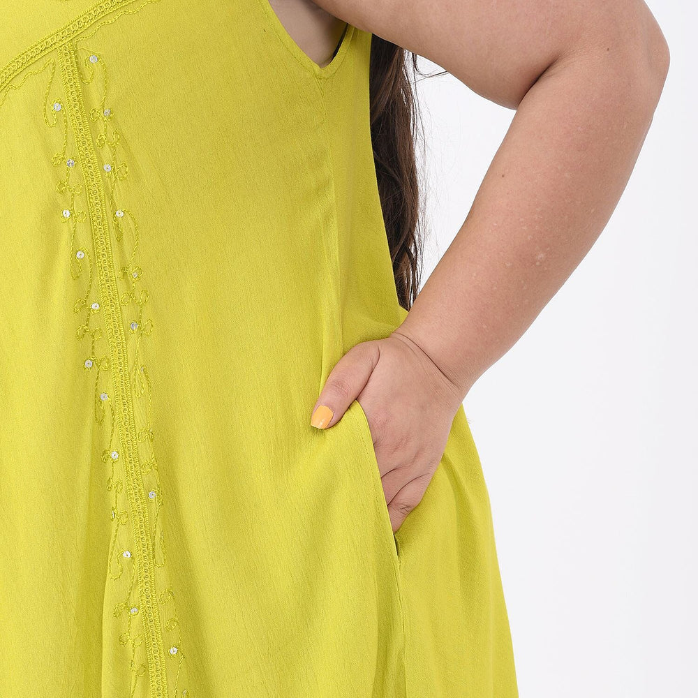 Summer Closeout -TAMSY 100% Viscose Sequin Floral Embroidery Umbrella Dress - (One Size 8-18) - Lime