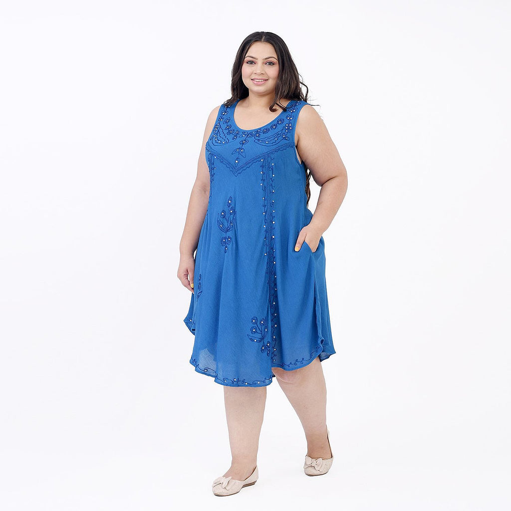 Summer Closeout - Tamsy 100% Viscose Sequin Floral Embroidery Umbrella Dress (One Size 8-18) - Ocean Blue