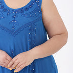 Summer Closeout - Tamsy 100% Viscose Sequin Floral Embroidery Umbrella Dress (One Size 8-18) - Ocean Blue